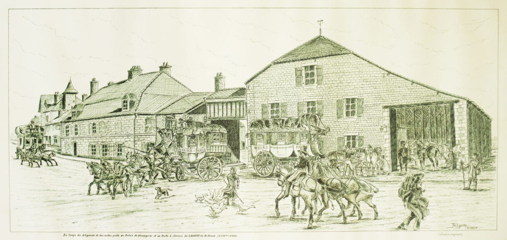 Gravure du 17ème siècle du relais de la poste aux chevaux de launois sur vence